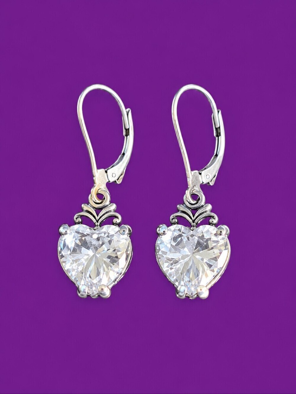 Sterling Silver Swarovski Crystal Heart Leverback Dangle Earrings